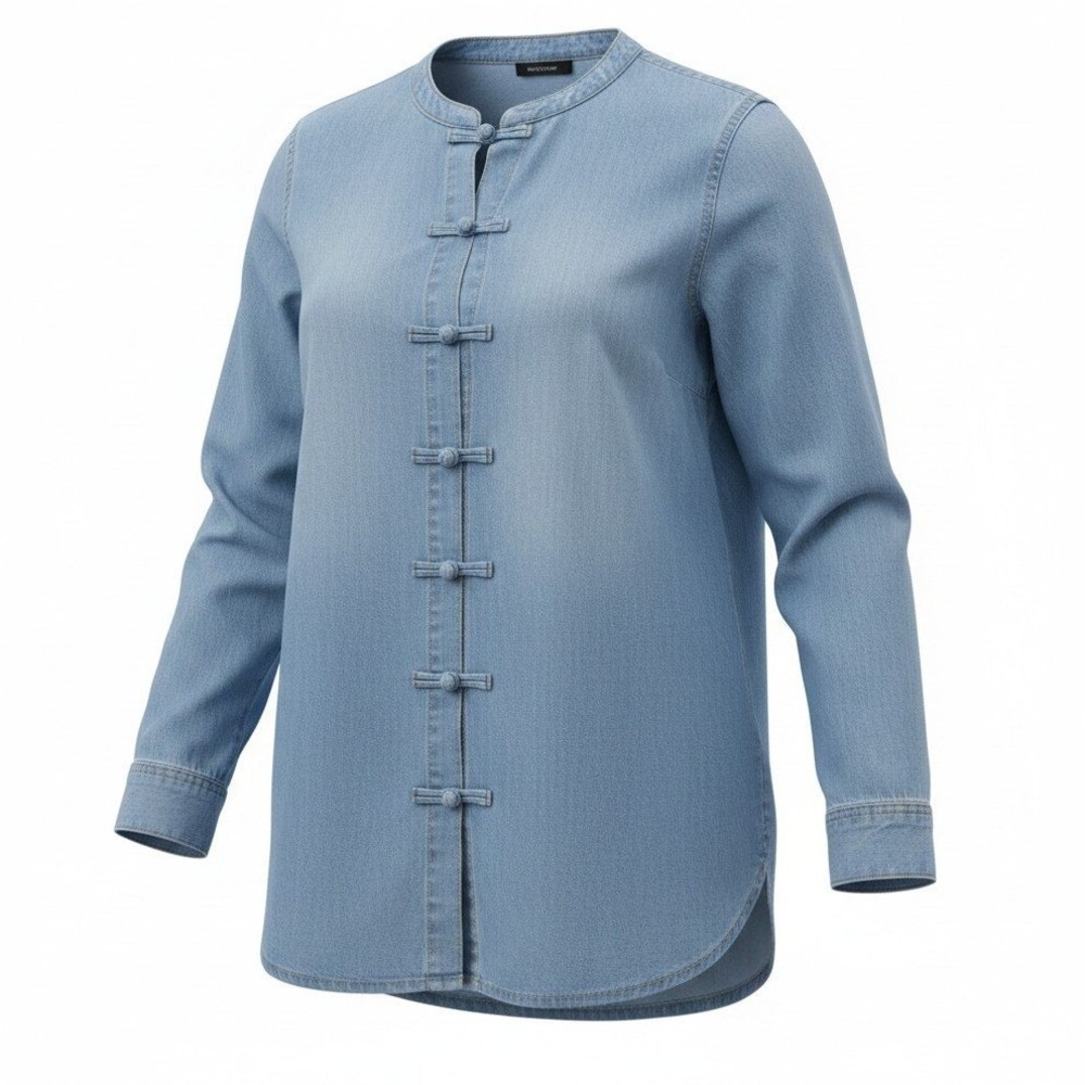 J. Jill Denim Top Womens S Blue Frog Button Mandarin Collar Cotton Chambray